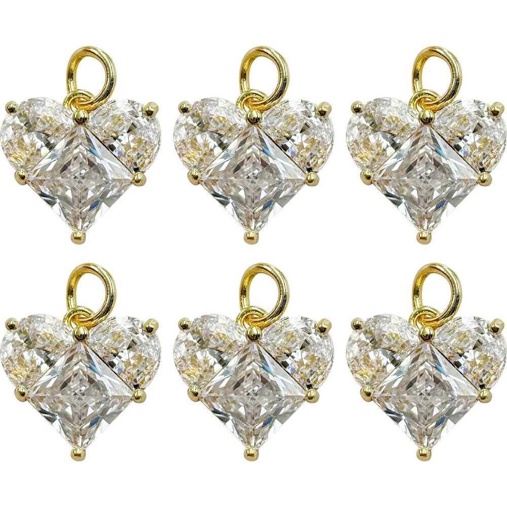 2590 6PCS Big Heart Charms White Crystal Gold Plated Brass Zircon